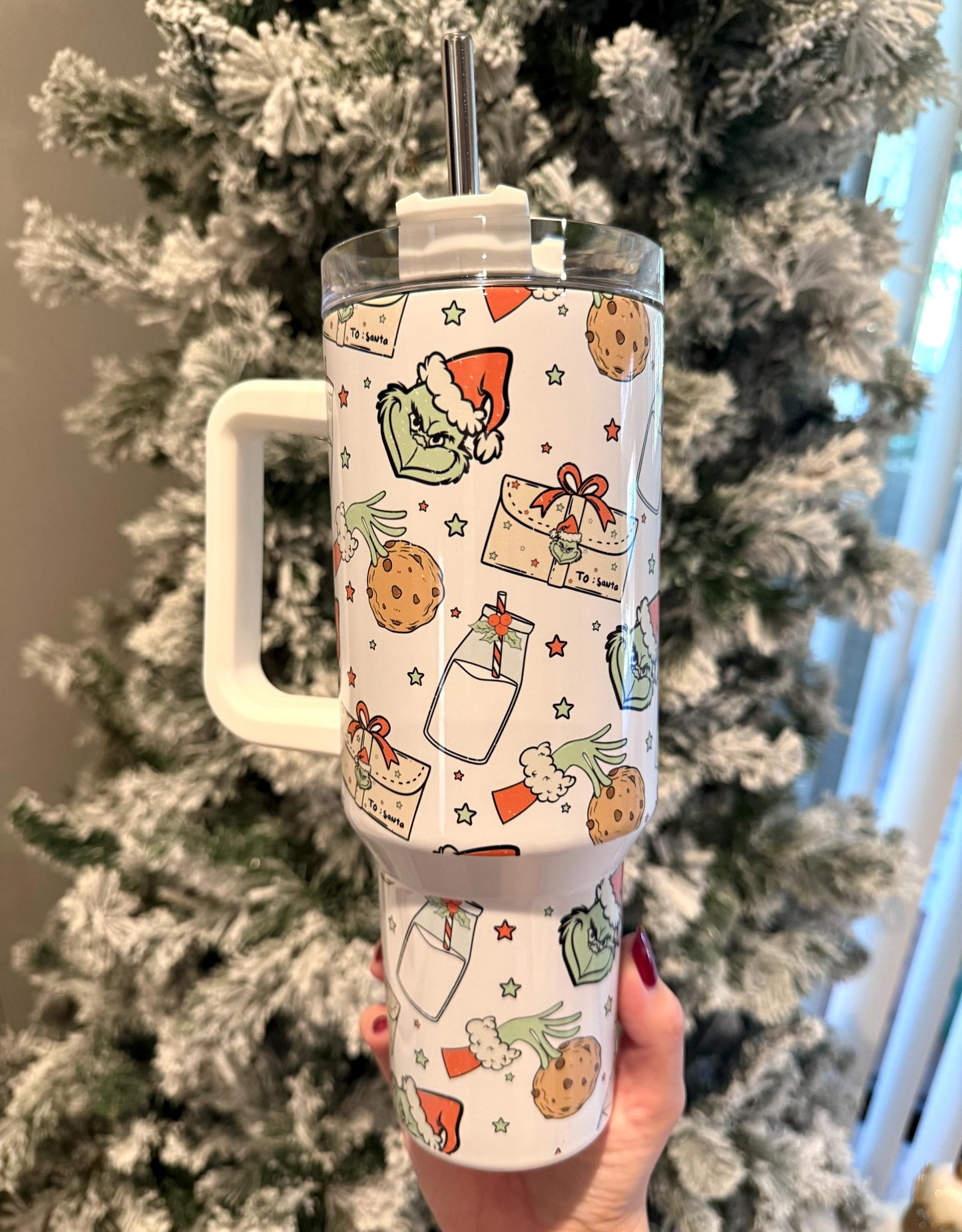 Holiday Tumbler 40oz Cup with Handle, Grinch Christmas Water Bottle, perfect Holiday Gift