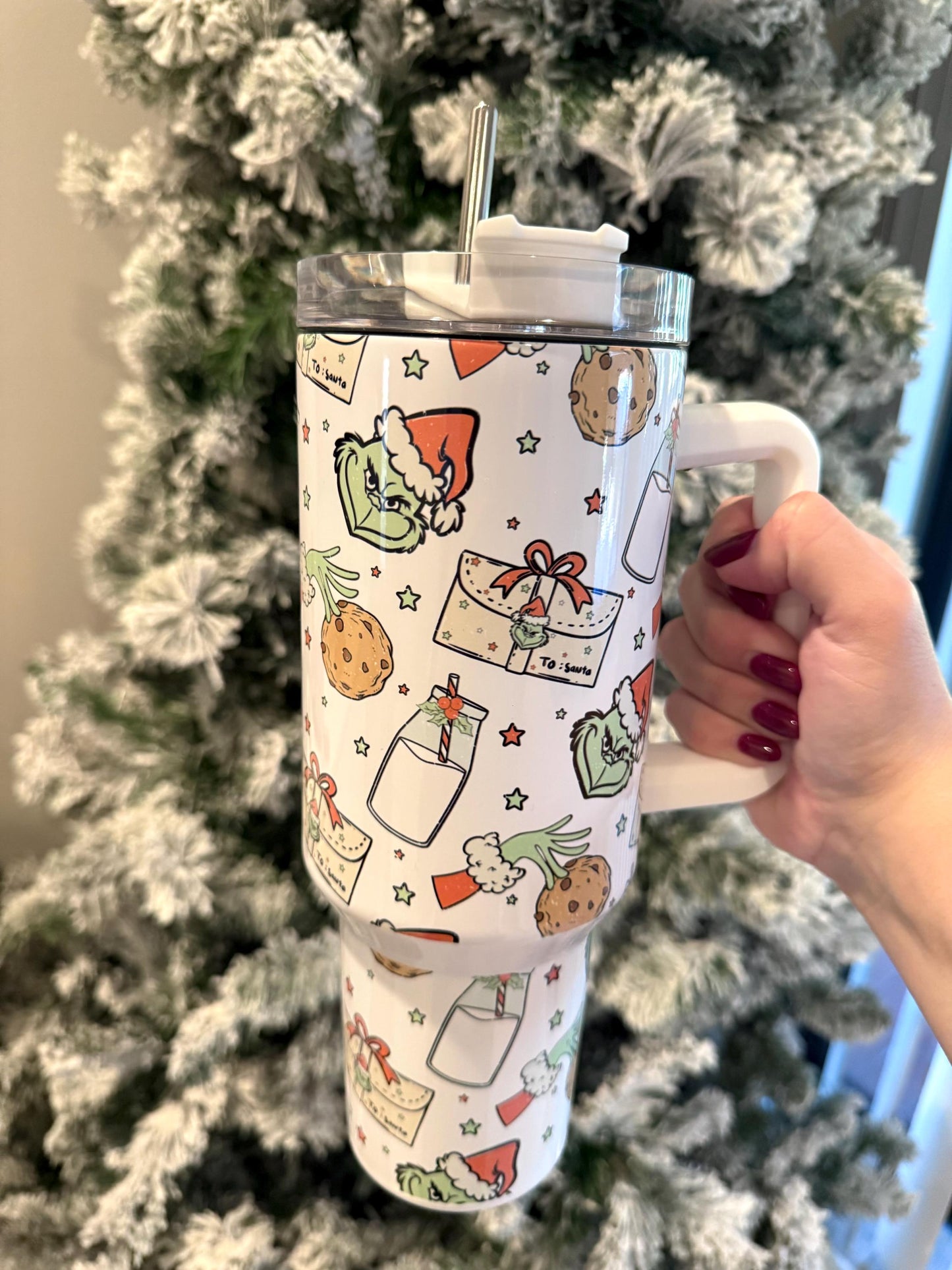 Holiday Tumbler 40oz Cup with Handle, Grinch Christmas Water Bottle, perfect Holiday Gift