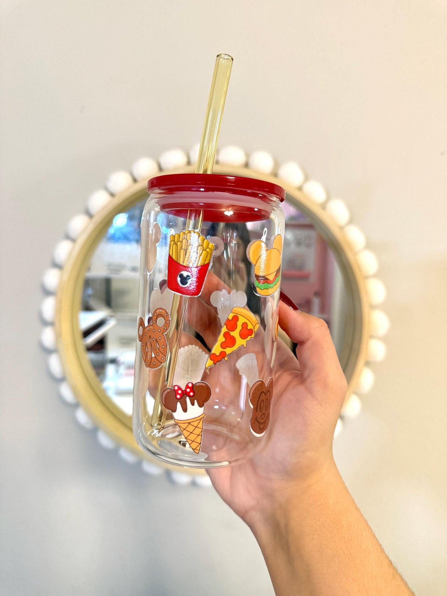 Personalized Glass 16oz Iced Coffee Glass Can, Mickey & Minnie Design with Snacks, Teens and Coffee Enthusiasts, icee coffee, gifted tumbler