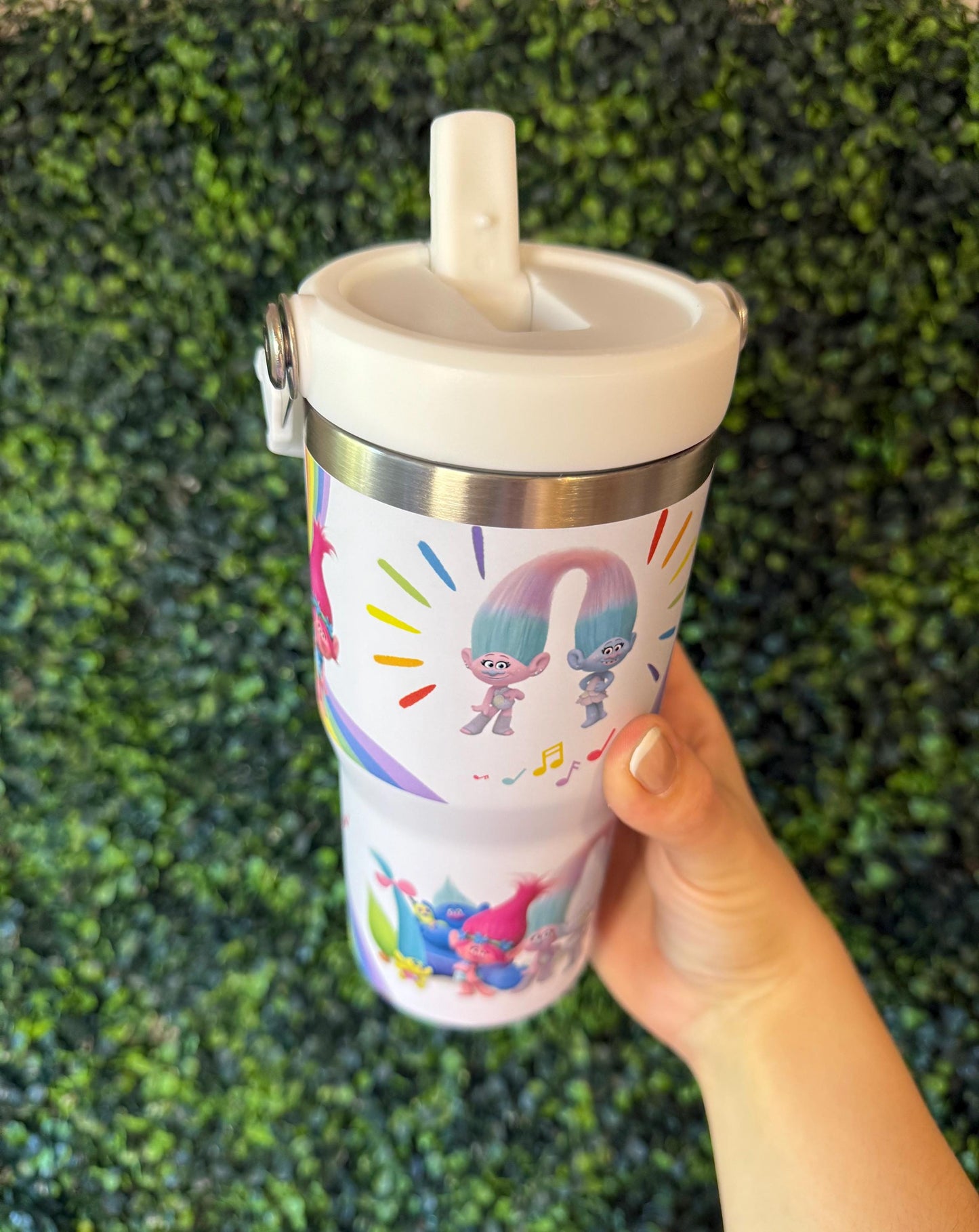 Kids Tumbler 20oz Cup with Top Handle, Trolls Kids Water Bottle, Back to School, Music and Rainbow