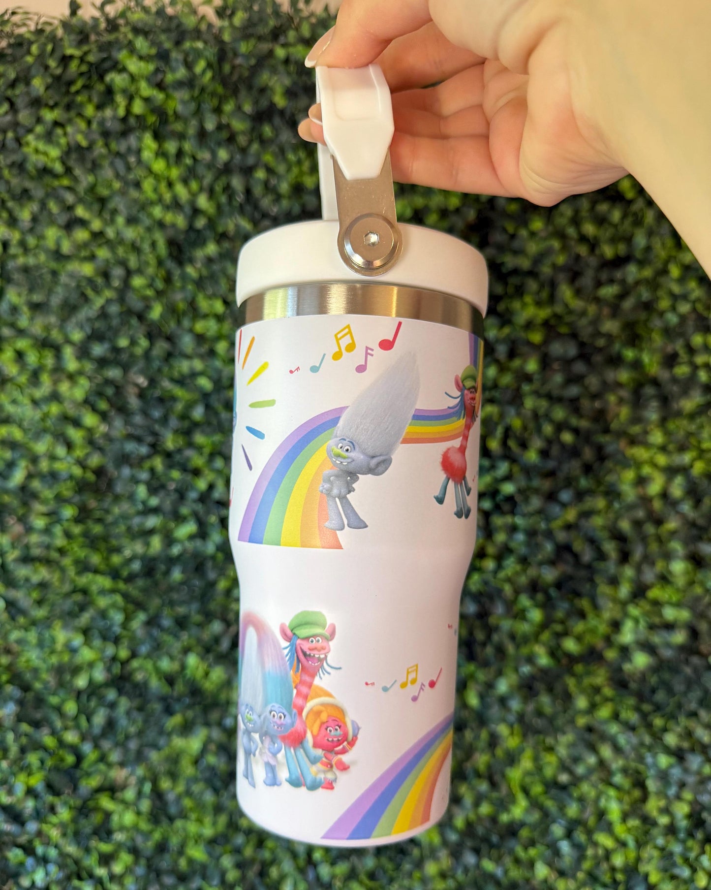 Kids Tumbler 20oz Cup with Top Handle, Trolls Kids Water Bottle, Back to School, Music and Rainbow