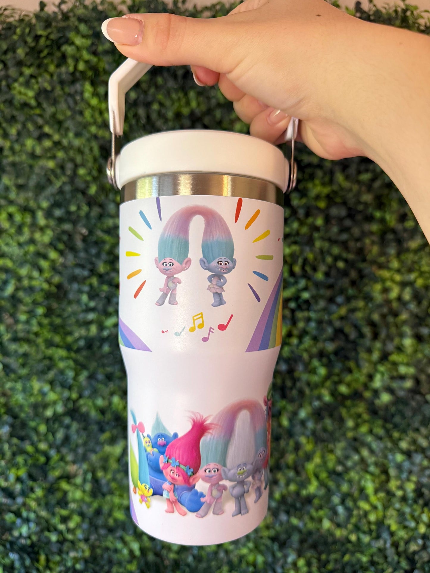 Kids Tumbler 20oz Cup with Top Handle, Trolls Kids Water Bottle, Back to School, Music and Rainbow