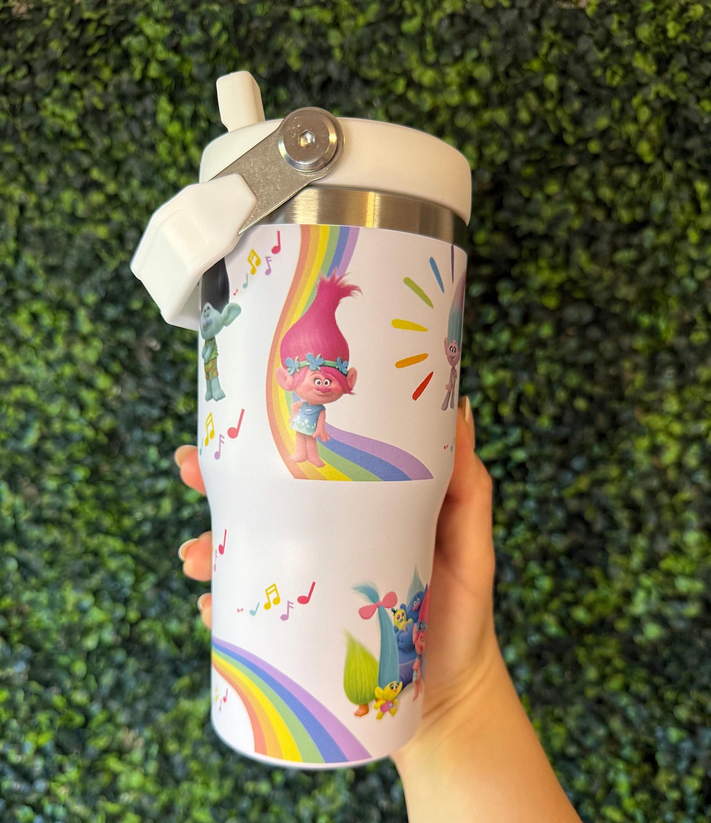 Kids Tumbler 20oz Cup with Top Handle, Trolls Kids Water Bottle, Back to School, Music and Rainbow