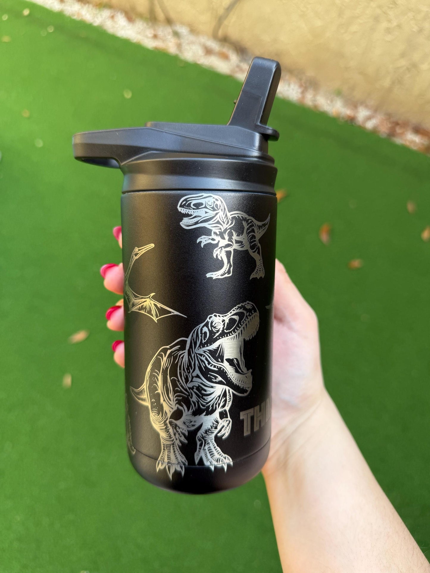 Custom Engraved Dinosaur, Jurassic Kids Bottle, 12oz Leak Proof, Engraved tumbler, Maars Insulated Bottle