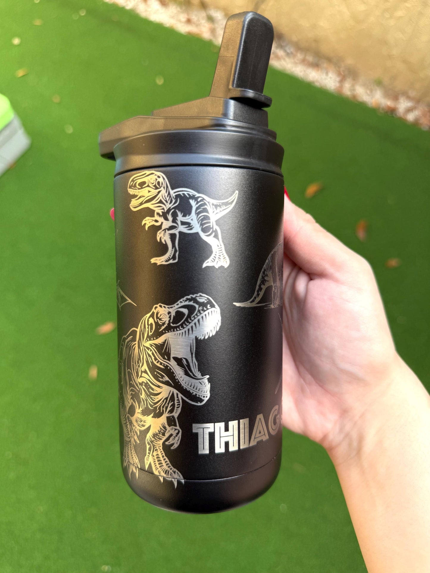 Custom Engraved Dinosaur, Jurassic Kids Bottle, 12oz Leak Proof, Engraved tumbler, Maars Insulated Bottle