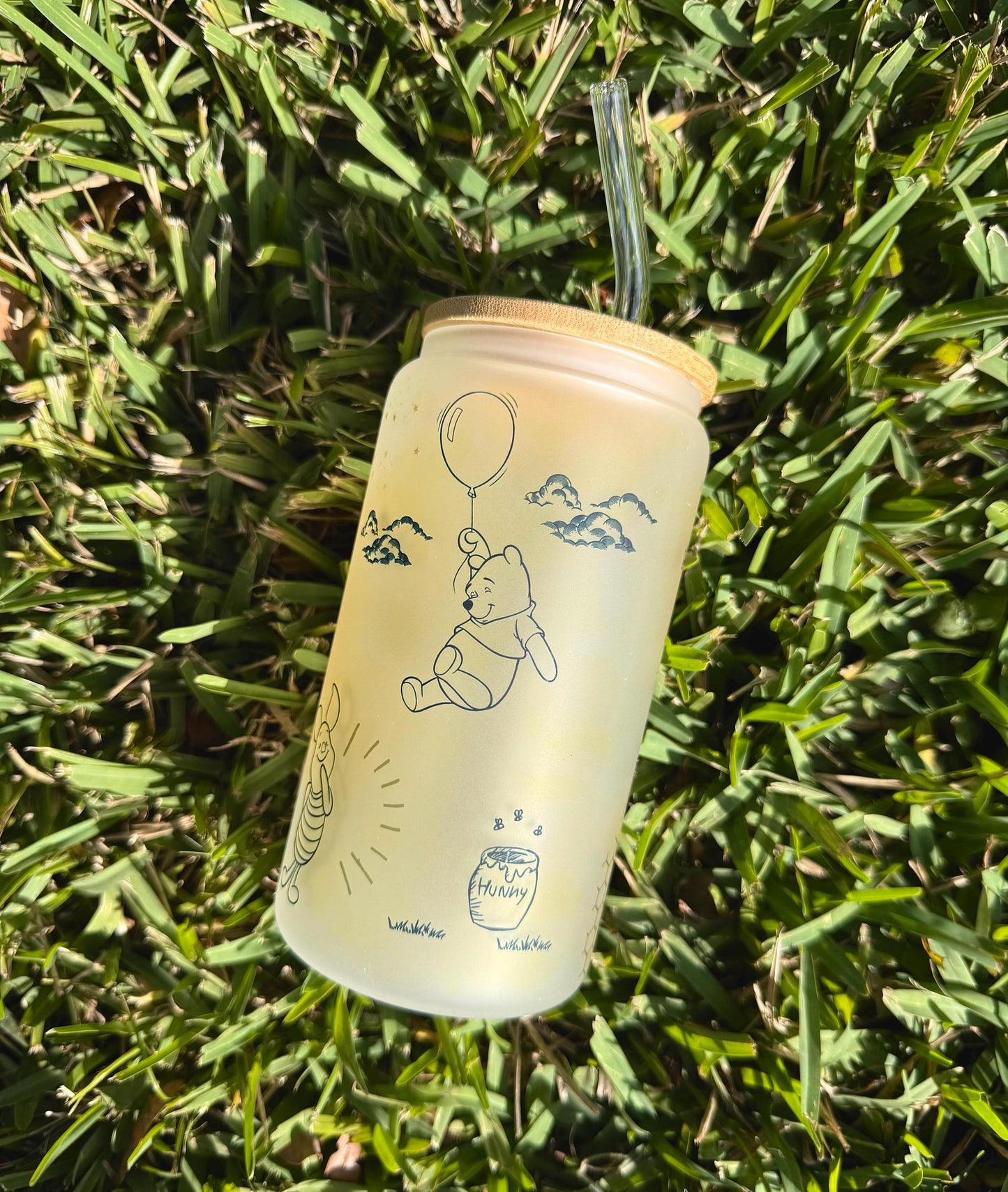 Winnie the Pooh Glass Tumbler 16oz, Iced Coffee with Bamboo lid, Bear Cup, Pooh bear honeypot, perfect gift for her