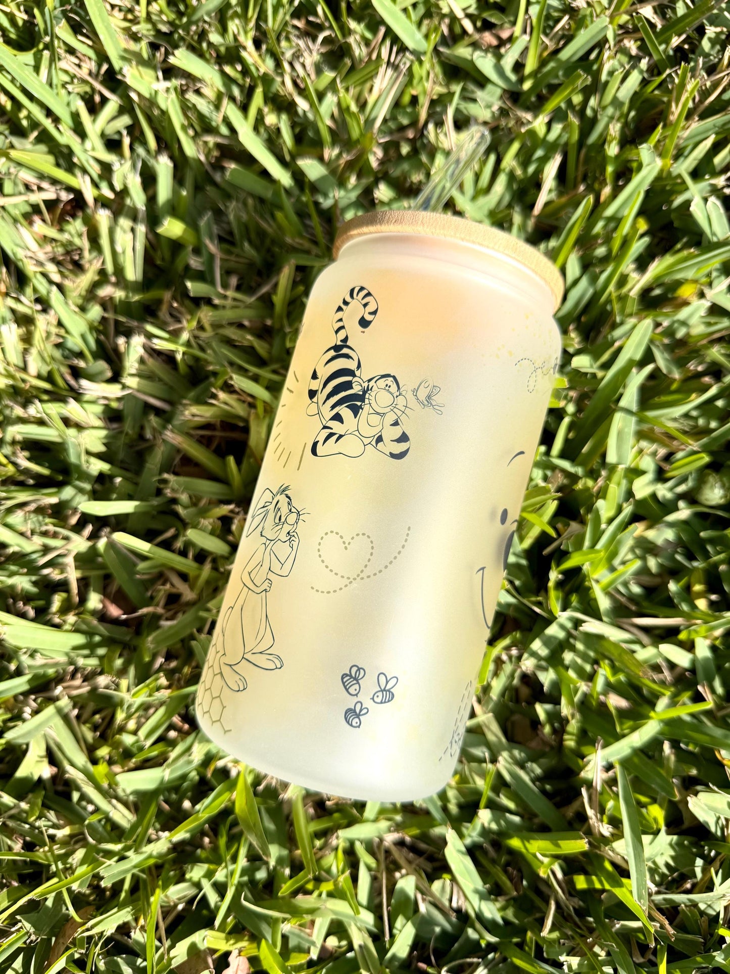 Winnie the Pooh Glass Tumbler 16oz, Iced Coffee with Bamboo lid, Bear Cup, Pooh bear honeypot, perfect gift for her