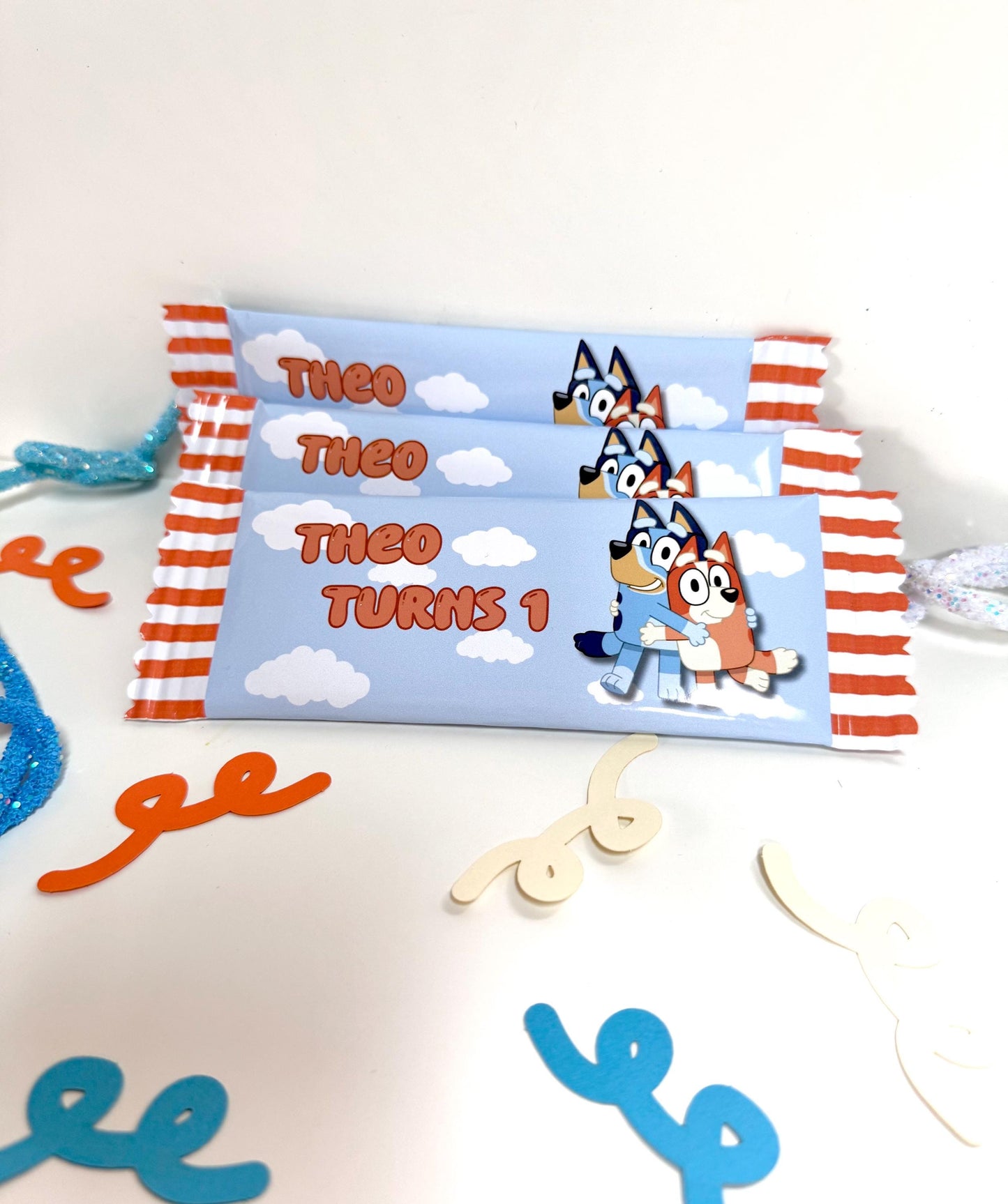 Blue Birthday Party Favor Bundle of Personalized Chocolate Bars 1.5oz Blue Bingo Party, Tabletop decoration, Custom with Name and Age