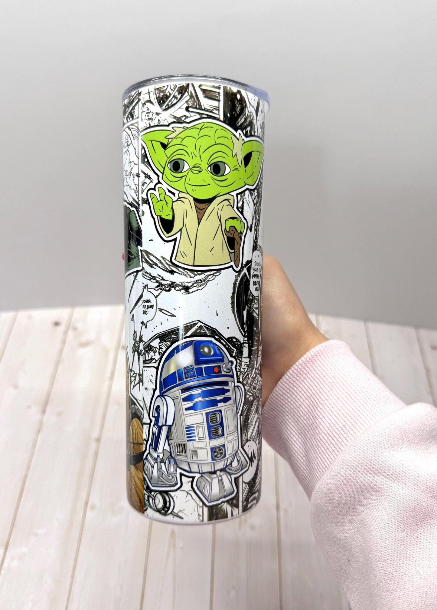 SW Galaxy Skinny Tumbler 20oz, Stainless Steel Cup with lid, Yoda Mandalorian, Stars movie tumbler, Black and white comics design