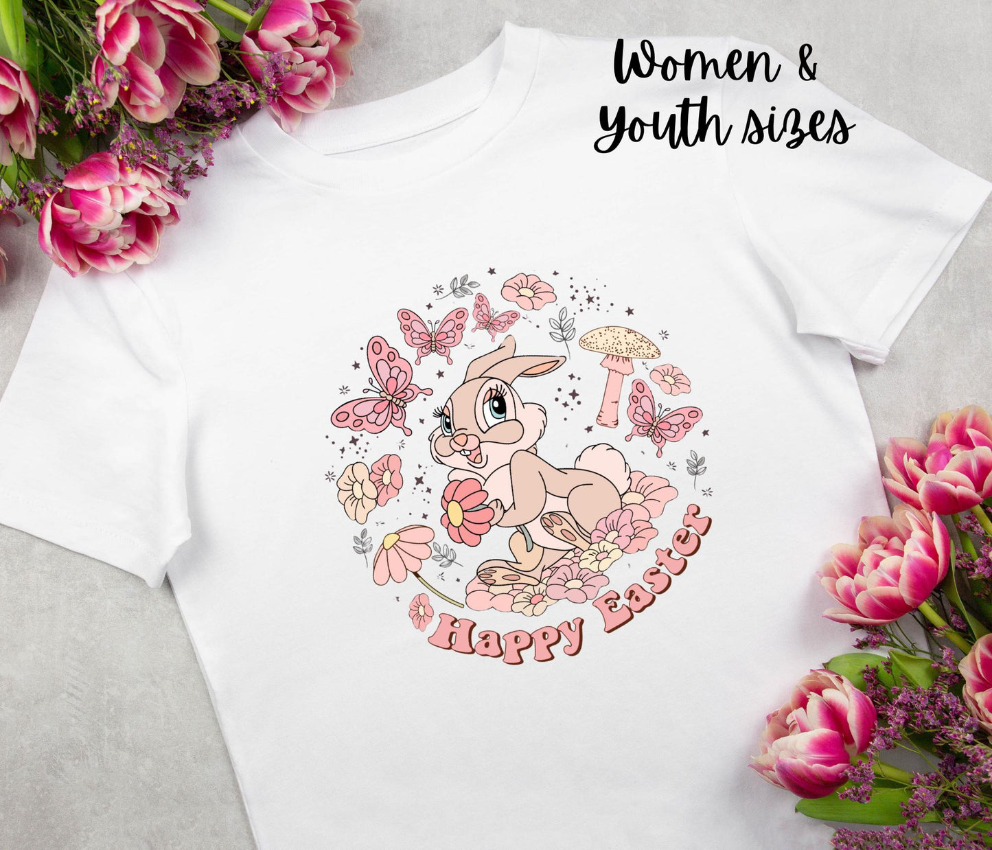 Spring Happy Easter T-shirt, Disney Easter Miss Bunny, Spring Floral Graphic Tee, Retro tee, Women's Relaxed White Tee, Easter gift
