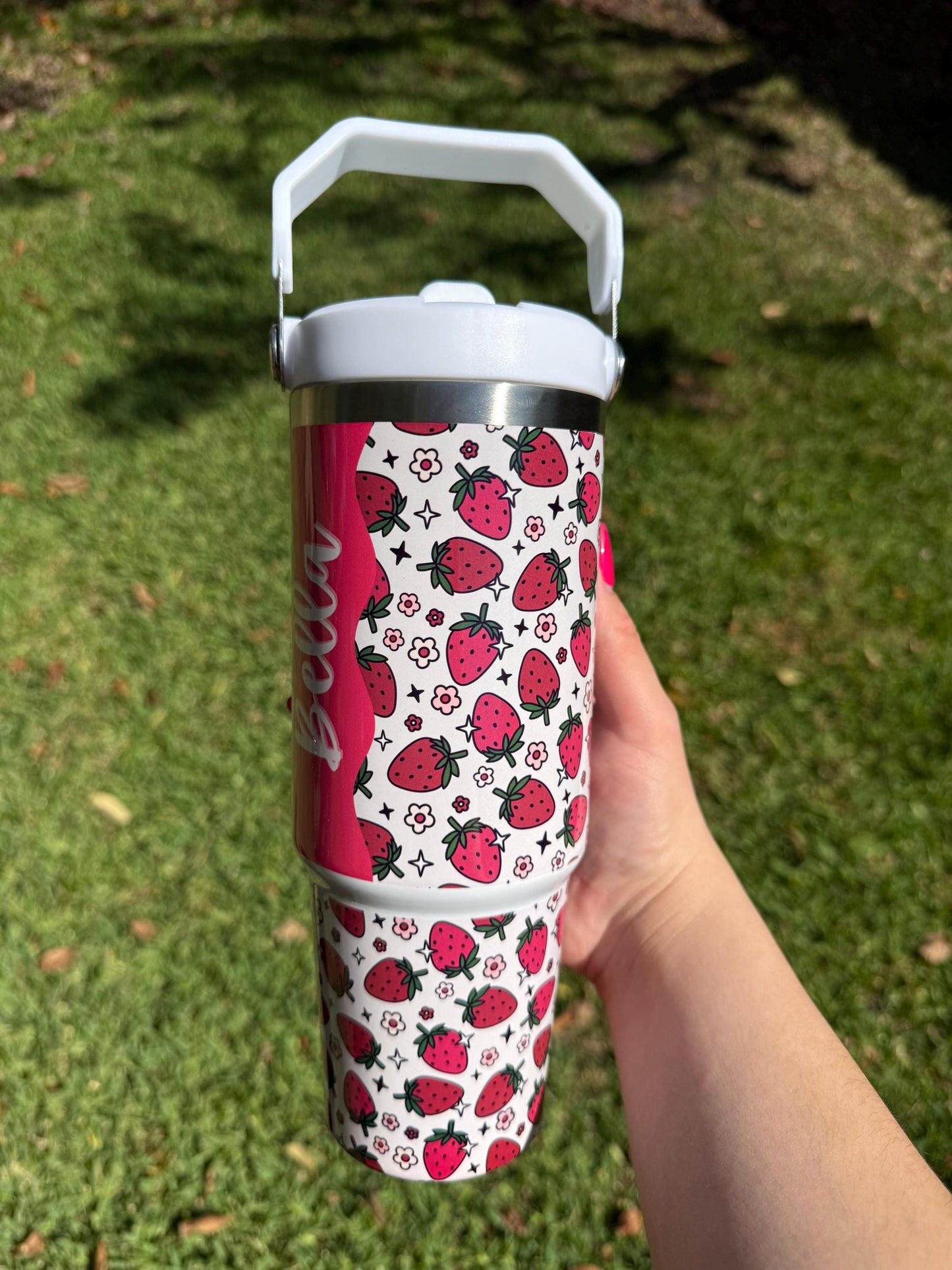 Personalized Tumbler with Name, Strawberry Tumbler 30oz Cup w/ carry handle, Pink Strawberry Cup, 30oz Coffee mug, Trendy Summer Fruit, Gift