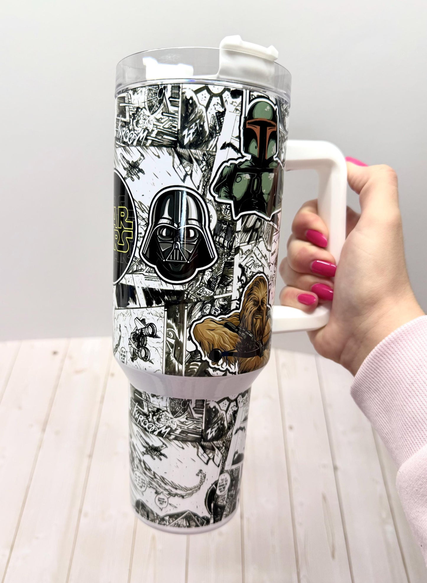 SW Galaxy Stanley Dupe 40oz Tumbler, Stainless Steel Cup with Handle, Yoda Mandalorian, Stars movie tumbler, Black and white comics design