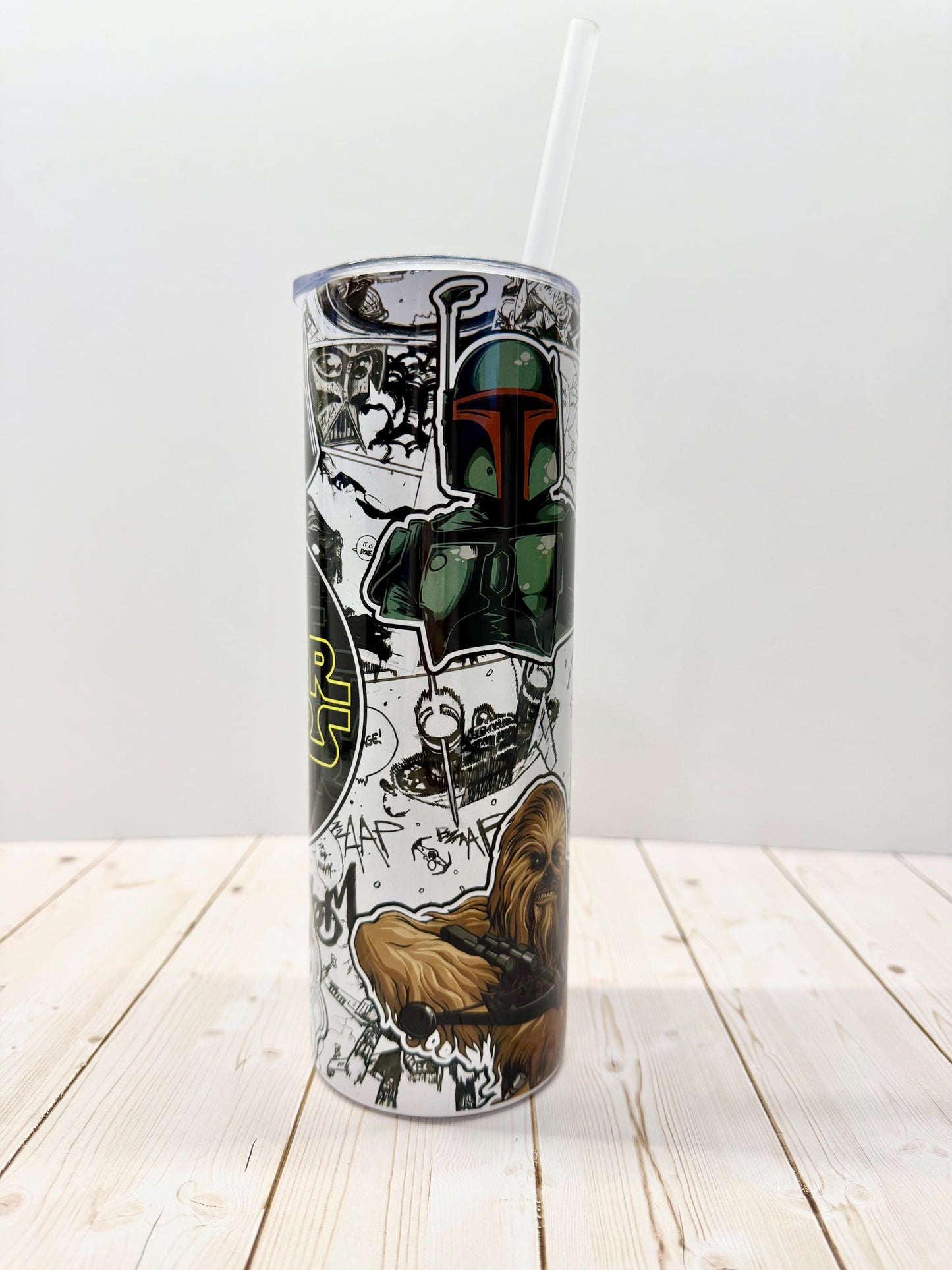 SW Galaxy Skinny Tumbler 20oz, Stainless Steel Cup with lid, Yoda Mandalorian, Stars movie tumbler, Black and white comics design