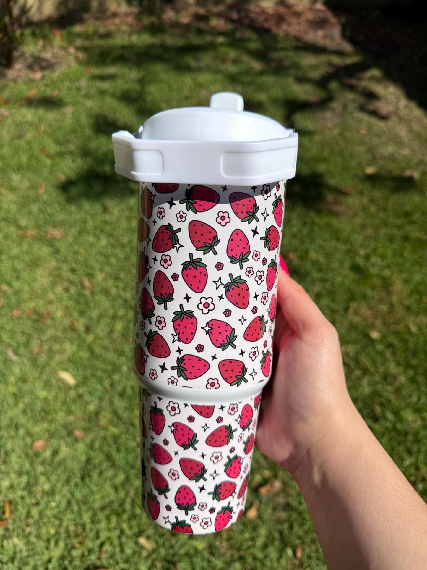 Personalized Tumbler with Name, Strawberry Tumbler 30oz Cup w/ carry handle, Pink Strawberry Cup, 30oz Coffee mug, Trendy Summer Fruit, Gift
