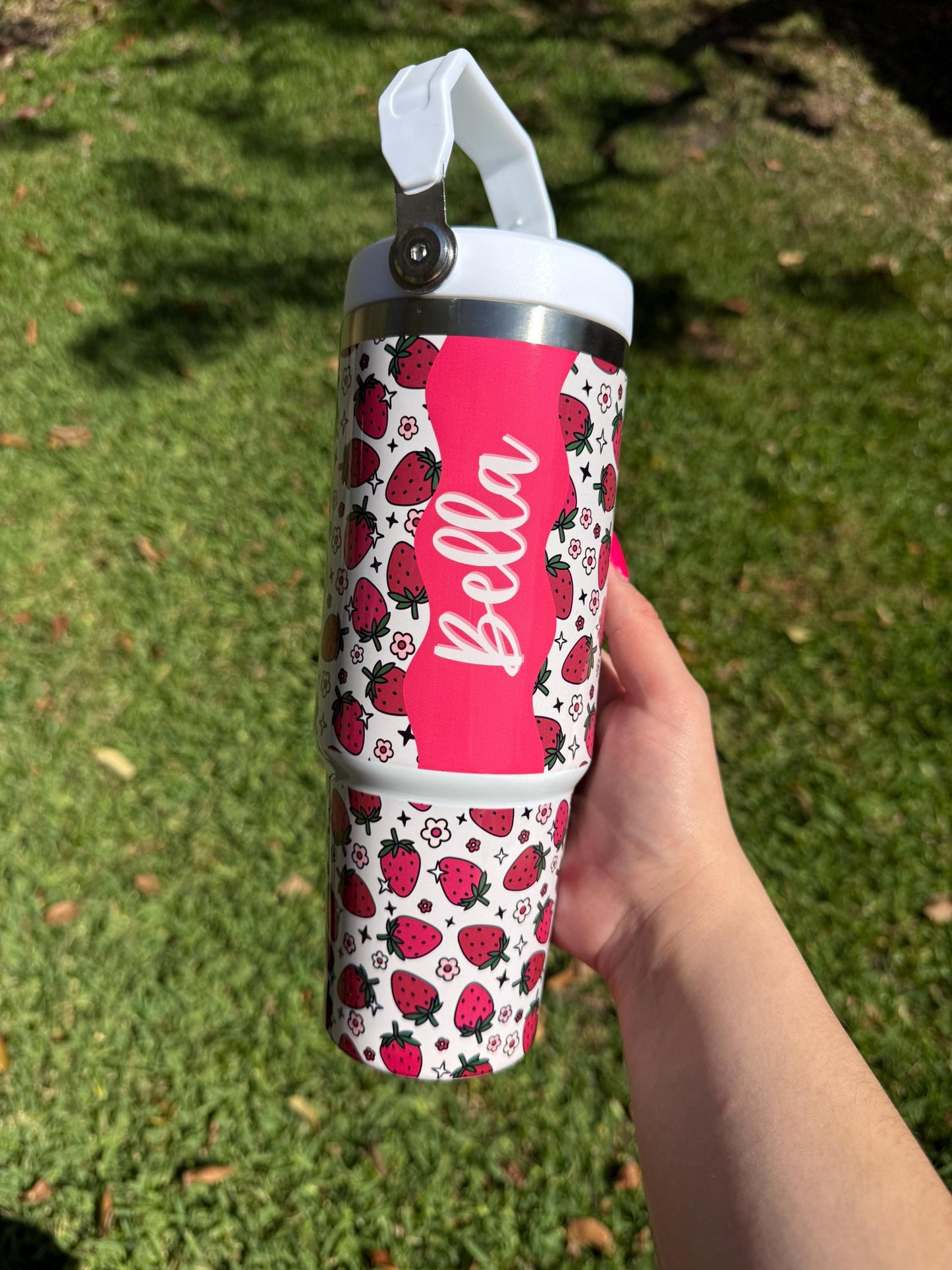 Personalized Tumbler with Name, Strawberry Tumbler 30oz Cup w/ carry handle, Pink Strawberry Cup, 30oz Coffee mug, Trendy Summer Fruit, Gift
