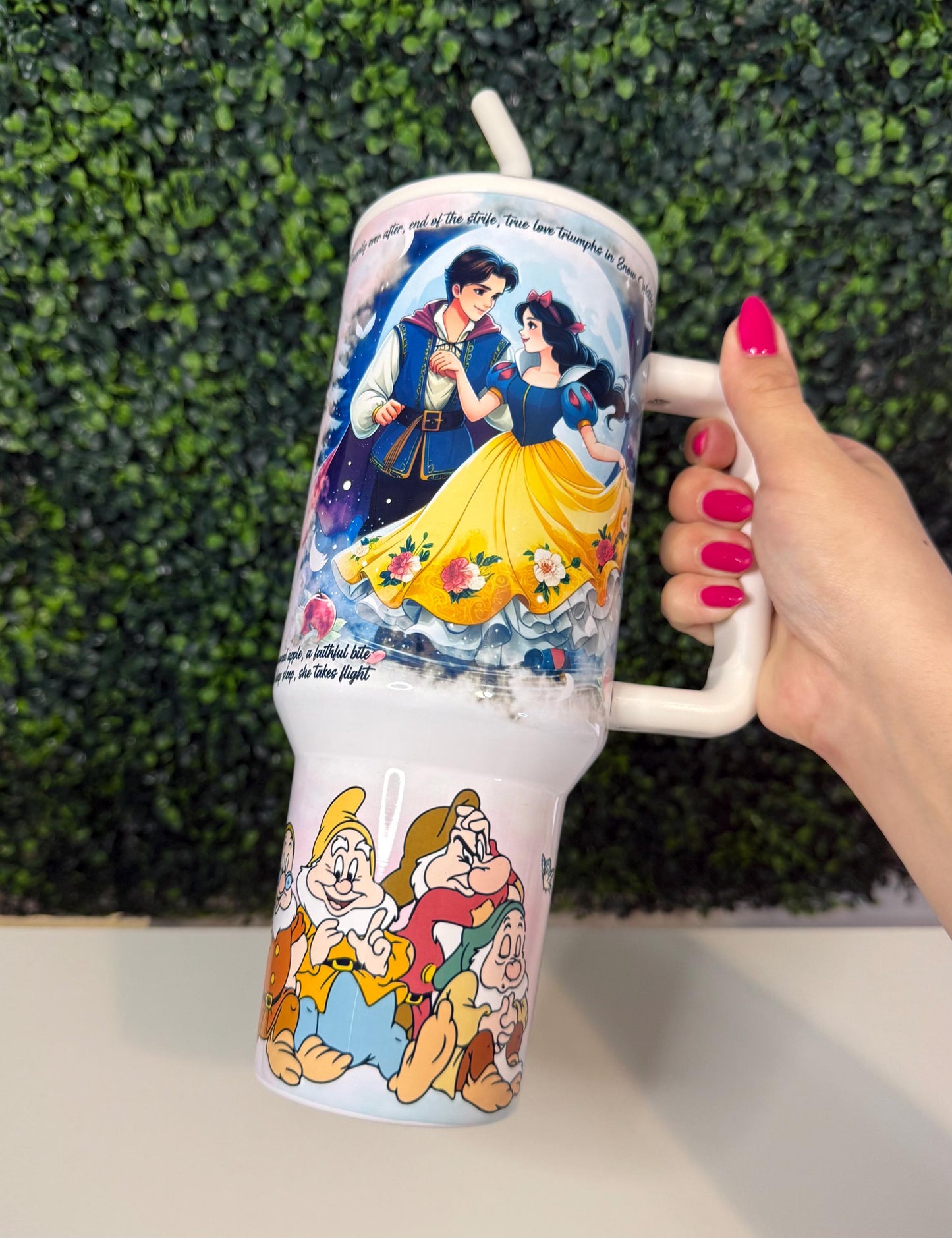Snow White Princess Tumbler, 40oz Personalized Tumbler with Handle, Dwarf Character, Stainless Steel Cup