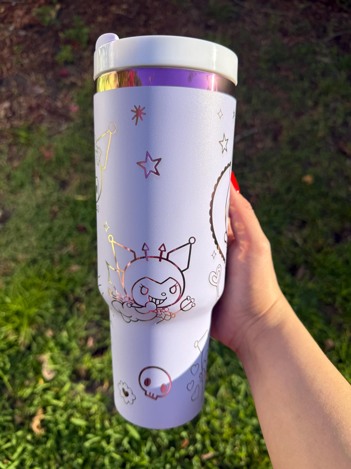 Kawaii Rainbow Tumbler, Kuromi Stanley Dupe, 40oz with handle, Laser Engraved, Kawaii Tumbler, engraved gifts, Kuromi my melody