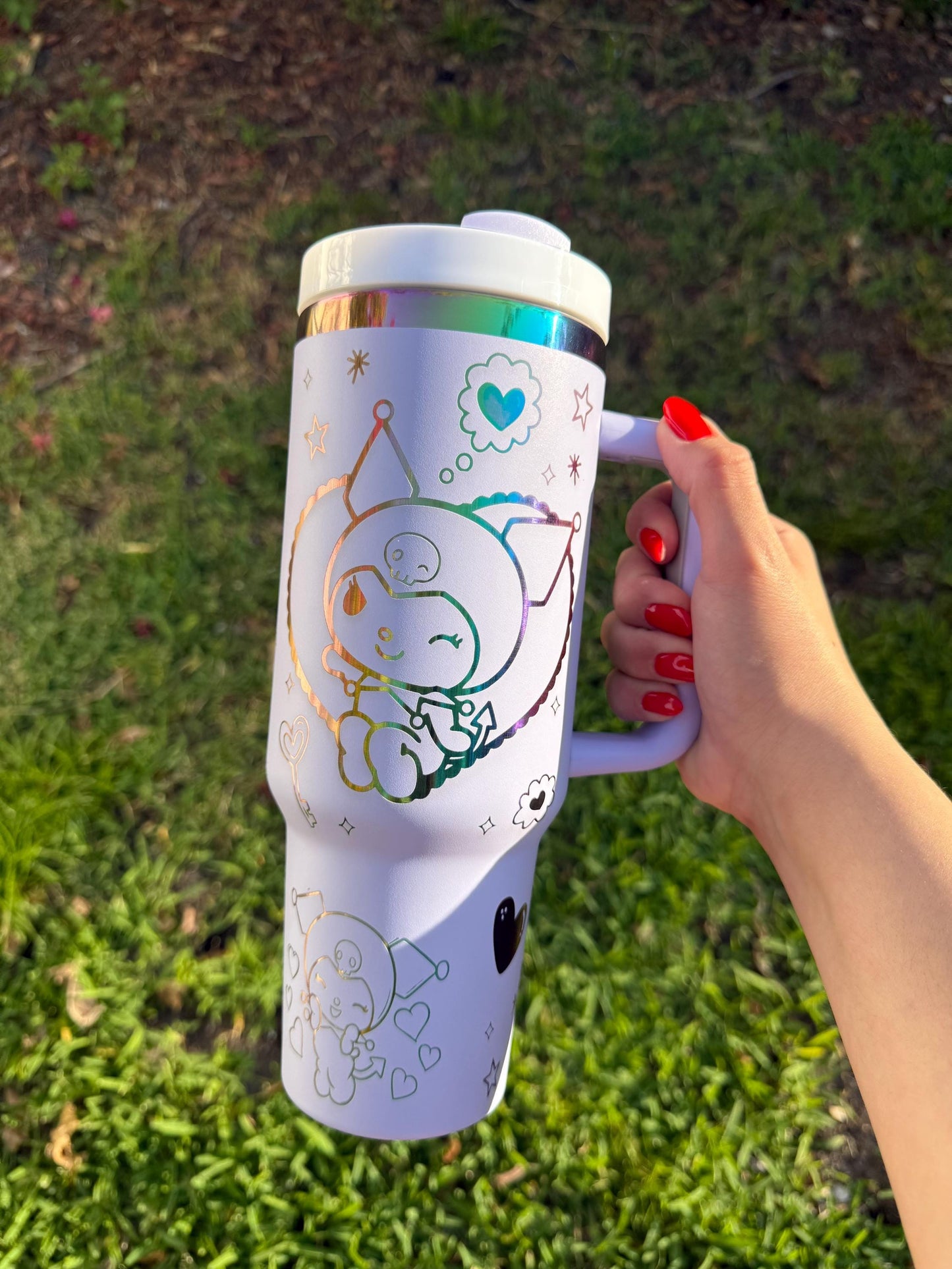 Kawaii Rainbow Tumbler, Kuromi Stanley Dupe, 40oz with handle, Laser Engraved, Kawaii Tumbler, engraved gifts, Kuromi my melody