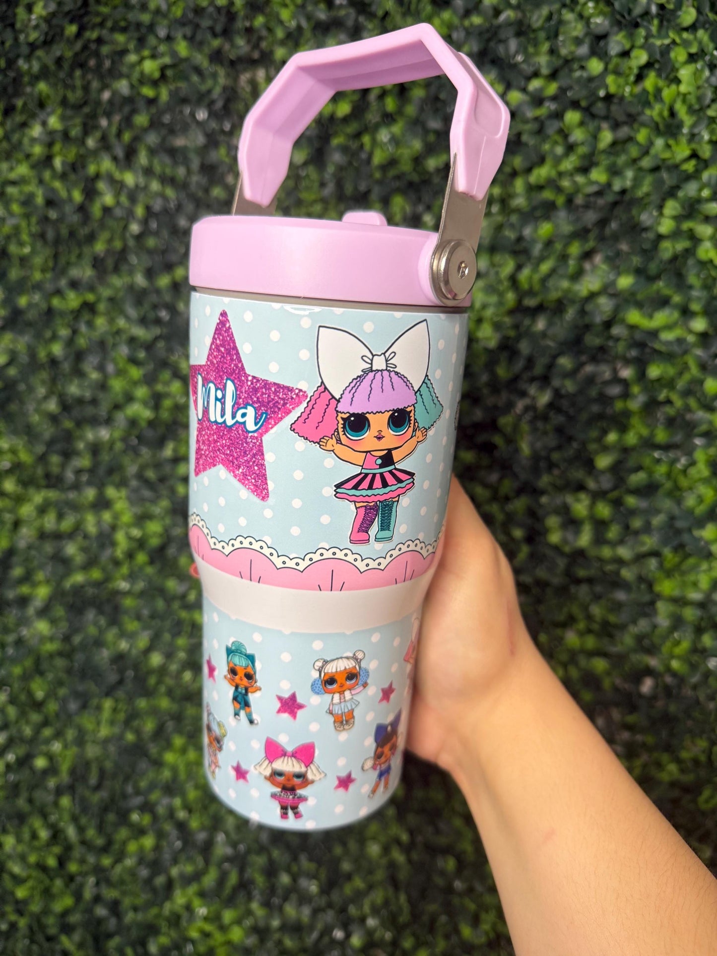 Kids Tumbler 20oz Flip Straw Water Bottle Doll, Dolls Glitter Stars, Tumbler with Handle, perfect Birthday Gift for girls, Cartoon Dolls