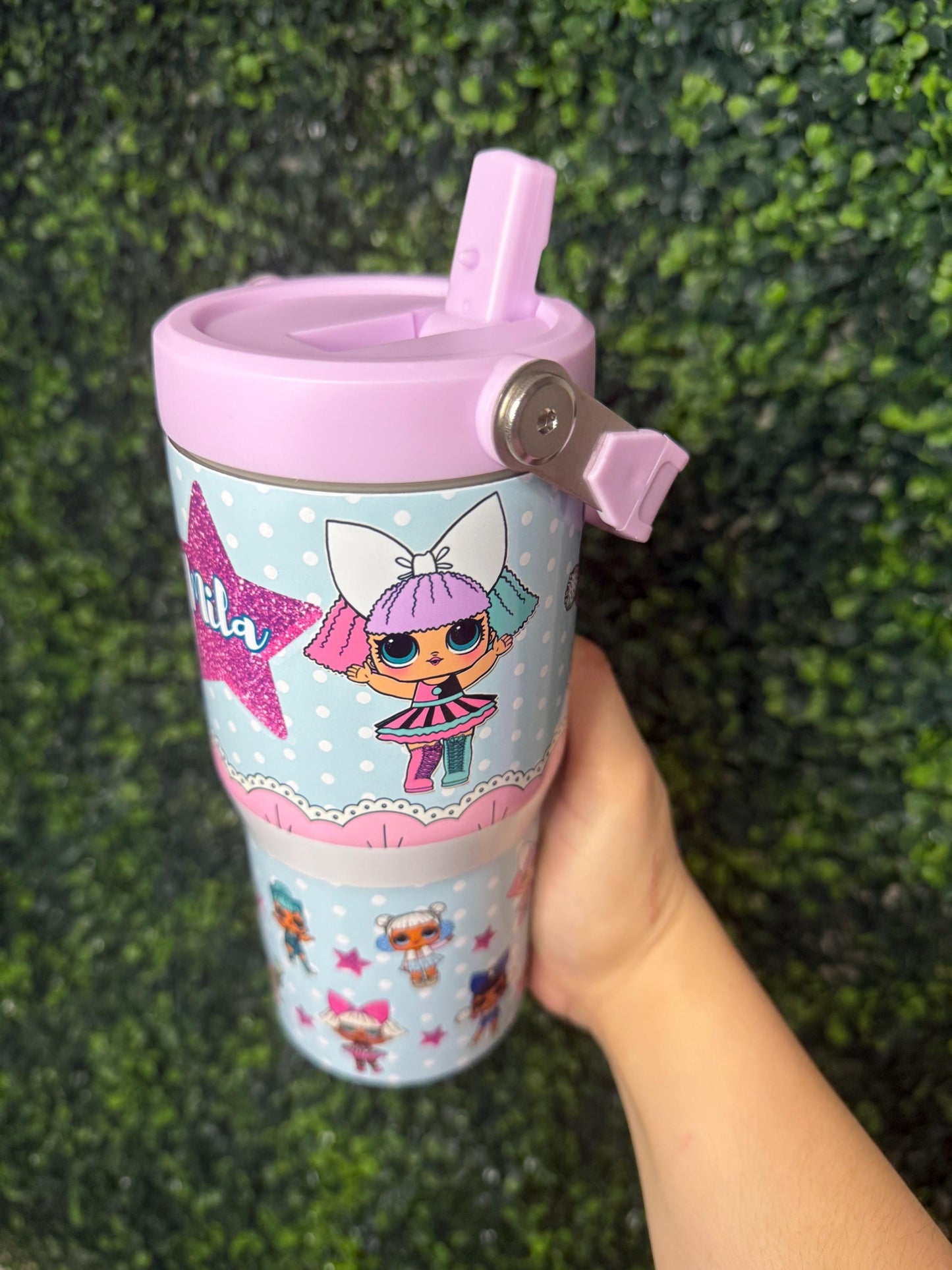 Kids Tumbler 20oz Flip Straw Water Bottle Doll, Dolls Glitter Stars, Tumbler with Handle, perfect Birthday Gift for girls, Cartoon Dolls