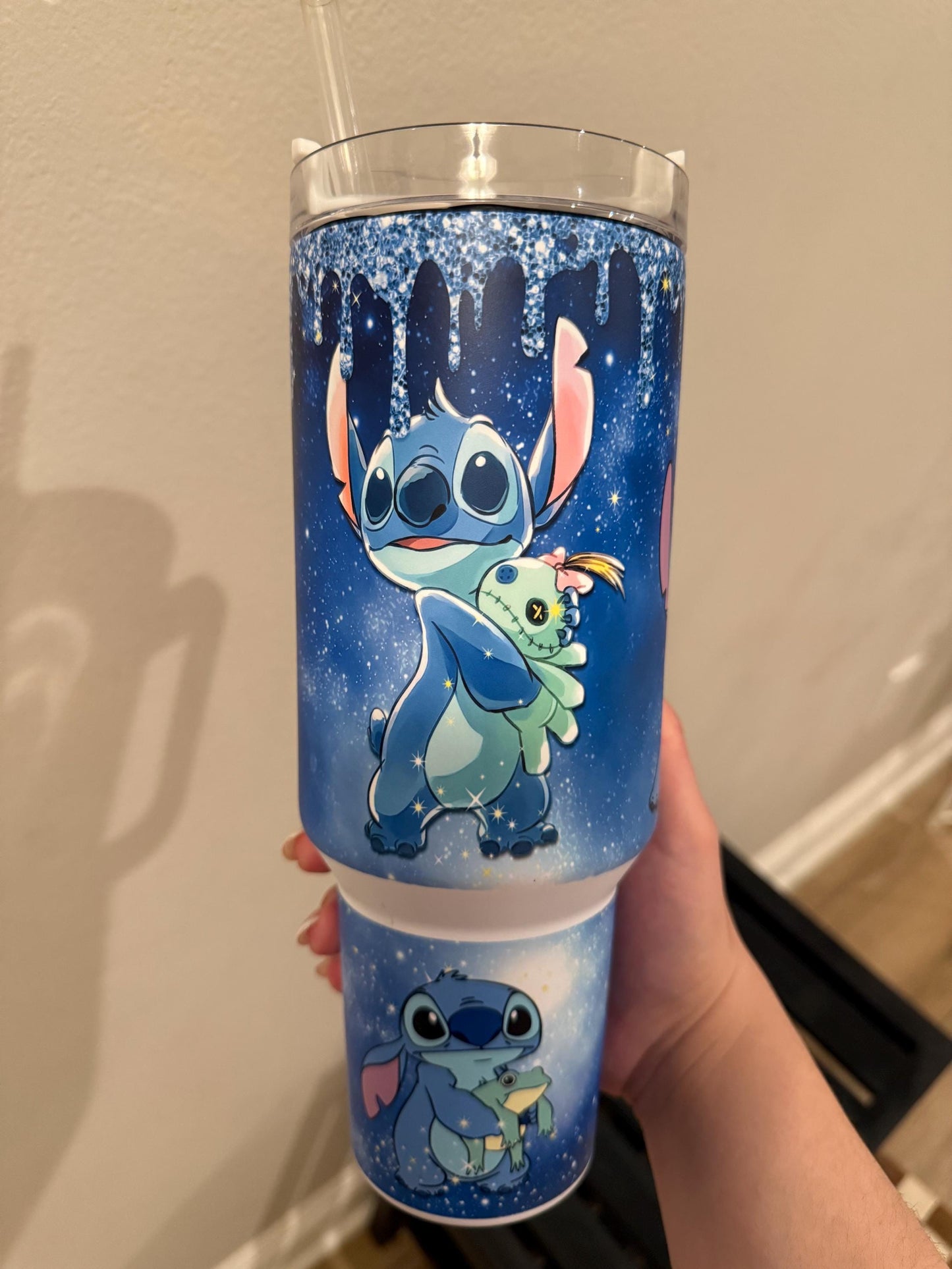 Personalized 40oz Glow-in-the-Dark Stitch Tumbler with Handle, Blue Glow Acrylic Lid, Lilo & Stitch Inspired Cup, Stirch Stanley dupe