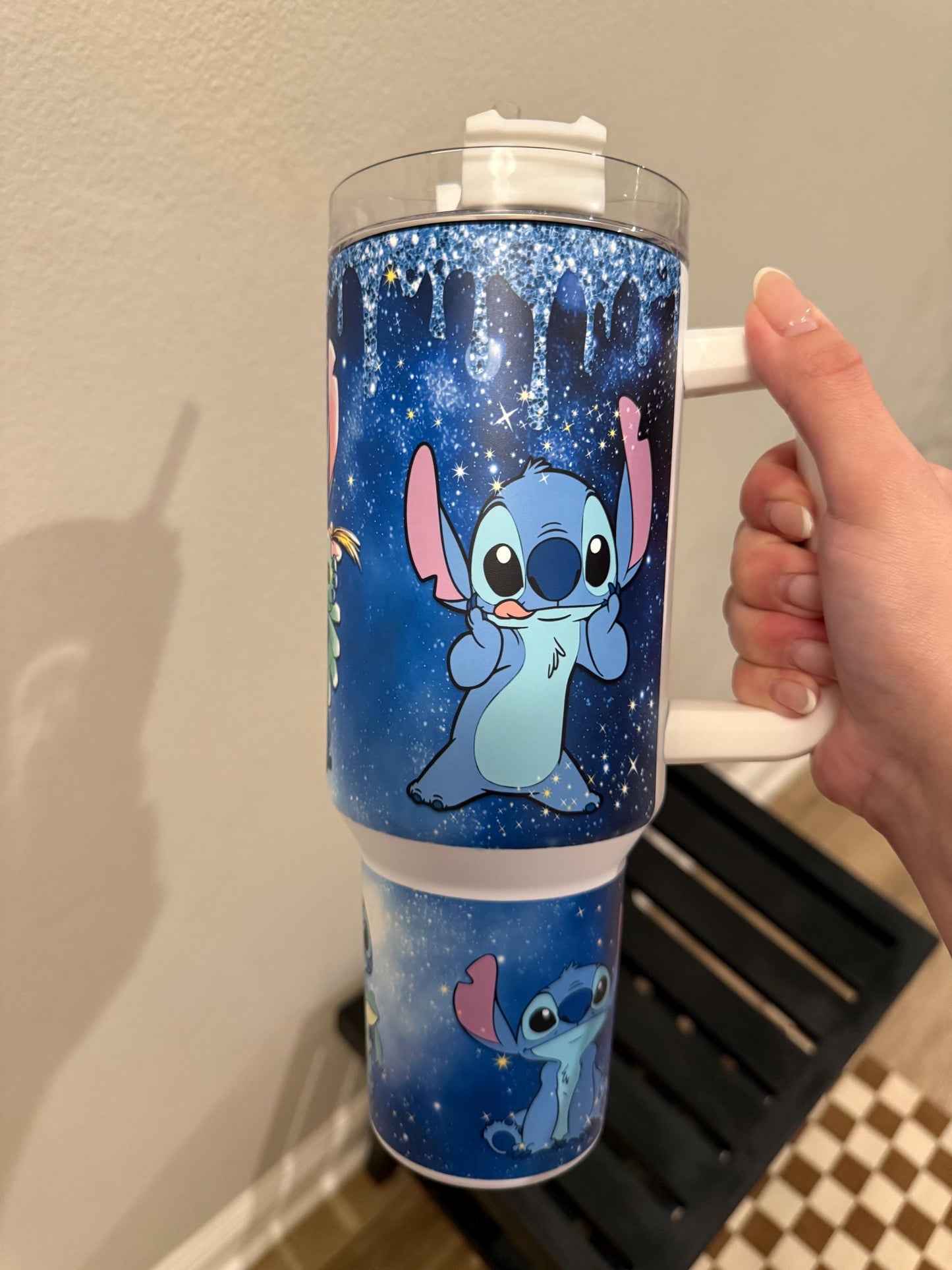 Personalized 40oz Glow-in-the-Dark Stitch Tumbler with Handle, Blue Glow Acrylic Lid, Lilo & Stitch Inspired Cup, Stirch Stanley dupe