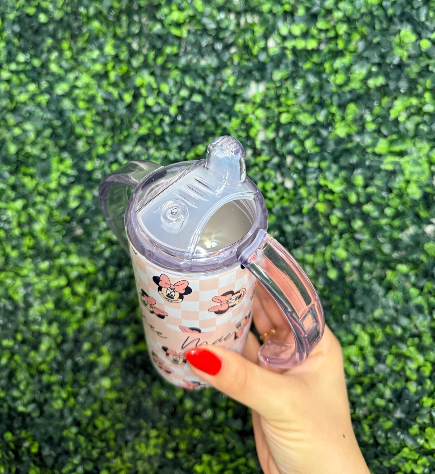 Personalized Minnie Mouse Sippy Cup 12oz, Baby Girl Tumbler with Name, Pink Checkered Toddler Cup with Straw Lid