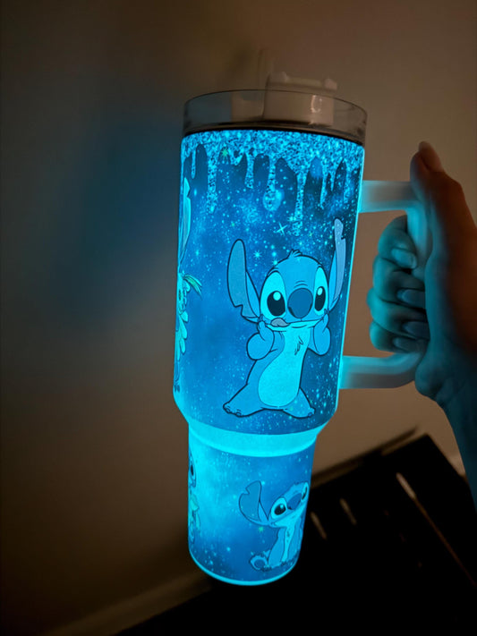 Personalized 40oz Glow-in-the-Dark Stitch Tumbler with Handle, Blue Glow Acrylic Lid, Lilo & Stitch Inspired Cup, Stirch Stanley dupe