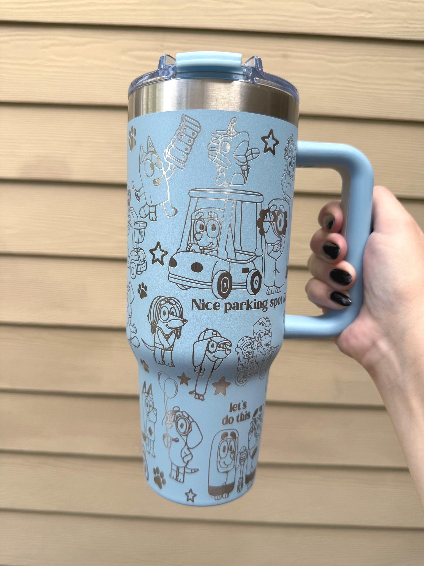 Custom Engraved Tumbler, Bluey Bingo, 40oz with handle, Engraved tumbler, Cartoon dog, Bluey Mom Bluey Dad Grannies