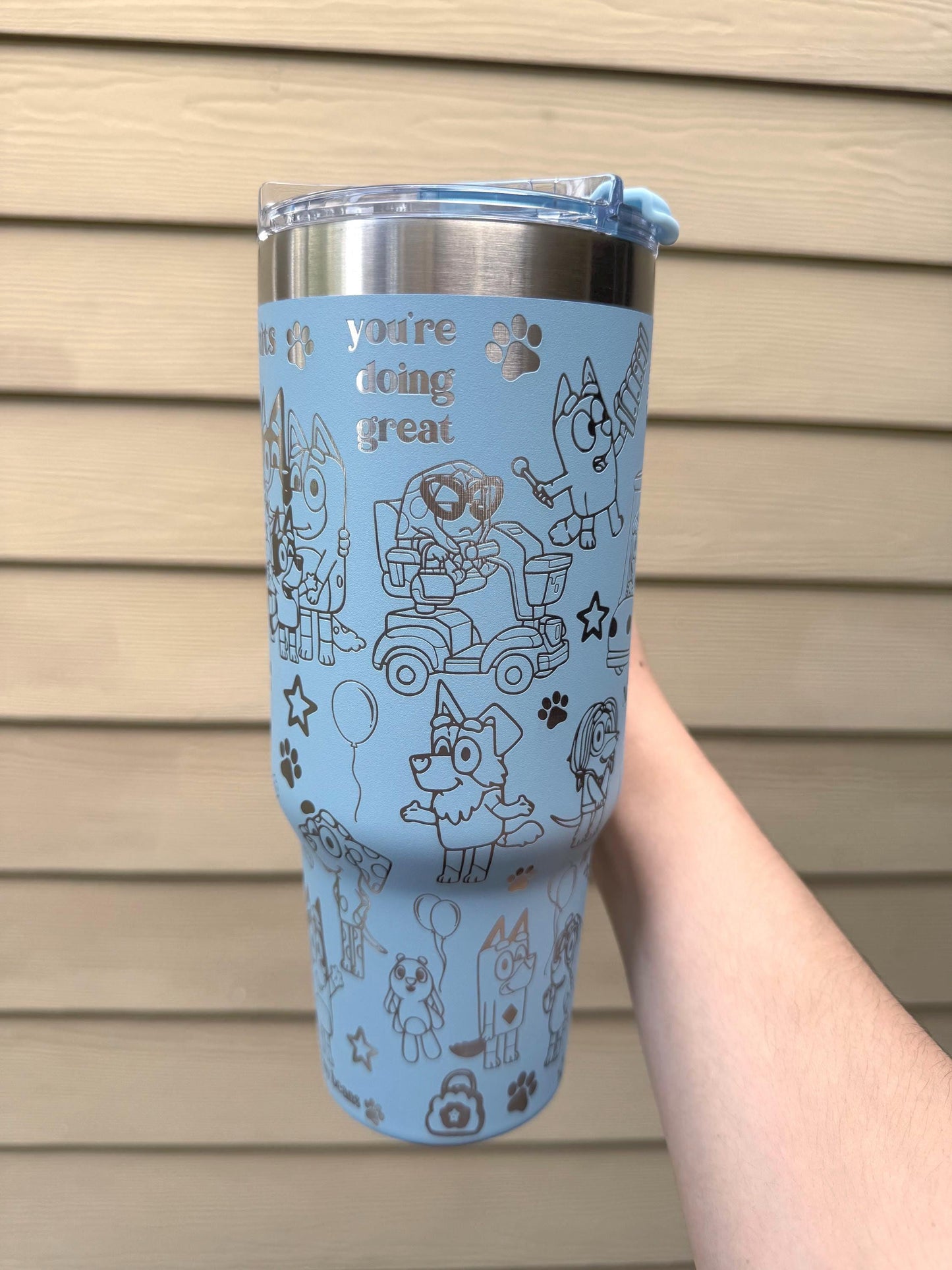 Custom Engraved Tumbler, Bluey Bingo, 40oz with handle, Engraved tumbler, Cartoon dog, Bluey Mom Bluey Dad Grannies