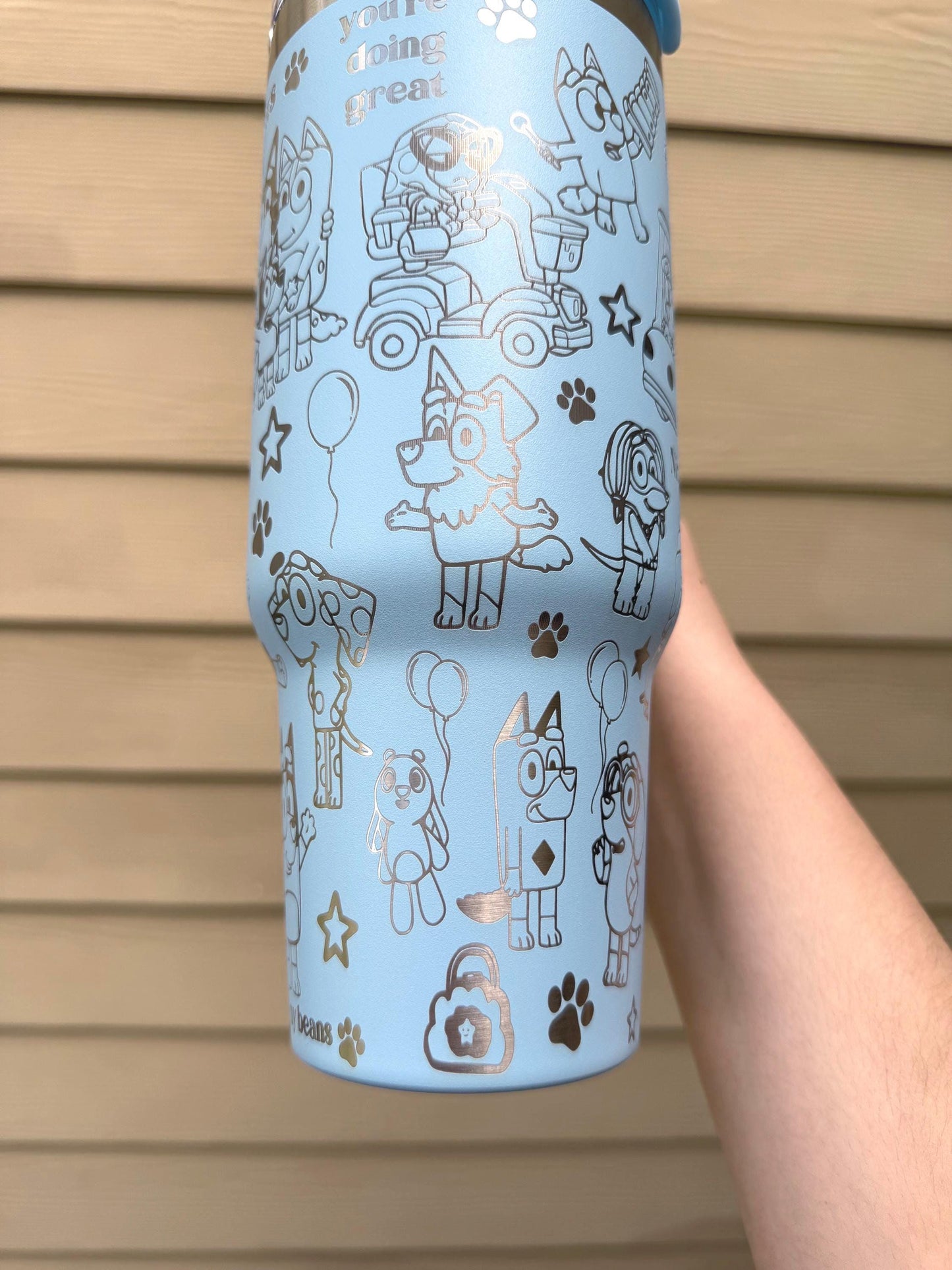 Custom Engraved Tumbler, Bluey Bingo, 40oz with handle, Engraved tumbler, Cartoon dog, Bluey Mom Bluey Dad Grannies