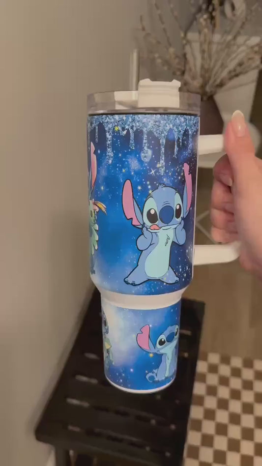 Personalized 40oz Glow-in-the-Dark Stitch Tumbler with Handle, Blue Glow Acrylic Lid, Lilo & Stitch Inspired Cup, Stirch Stanley dupe