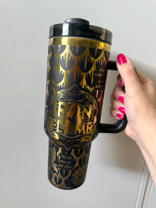 Iron Flame Gold Engraved 40oz Tumbler, Dragon Book