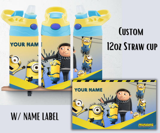Kids Personalized Yellow Minions 12oz Cup Design, The Rise of Guru Straw Tumbler, Custom Insulated Travel Cup with Straw and Lid