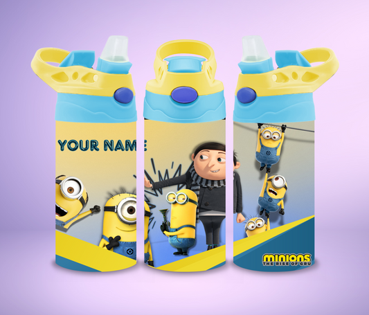 Kids Personalized Yellow Minions 12oz Cup Design, The Rise of Guru Straw Tumbler, Custom Insulated Travel Cup with Straw and Lid