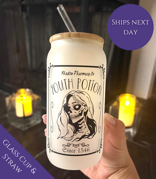 Halloween Personalized Youth Potion Glass Tumbler 16oz Bamboo Lid Skeleton Scary Beauty Iced Coffee Cup