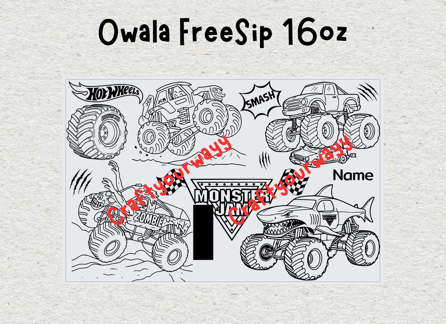 Monster Jam Engraved Owala Free Sip 16oz, Trucks and Cars