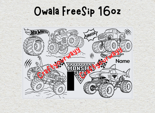 Monster Jam Engraved Owala Free Sip 16oz, Trucks and Cars