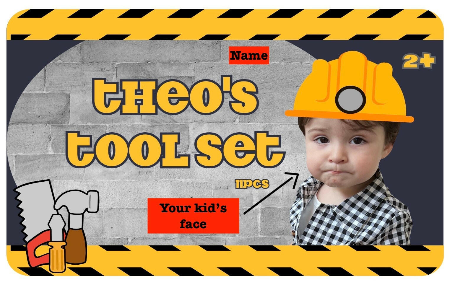 Party Favor Construction Theme Personalized Worker Tool Set, Kids Gift Trunk, Custom With Your Face Photo and Name Birthday Decor