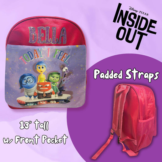 Kids Personalized Pink Backpack Inside Out Movie, Custom with Glitter Name, for Toddlers and Girls Birthday Gifts or Back to School