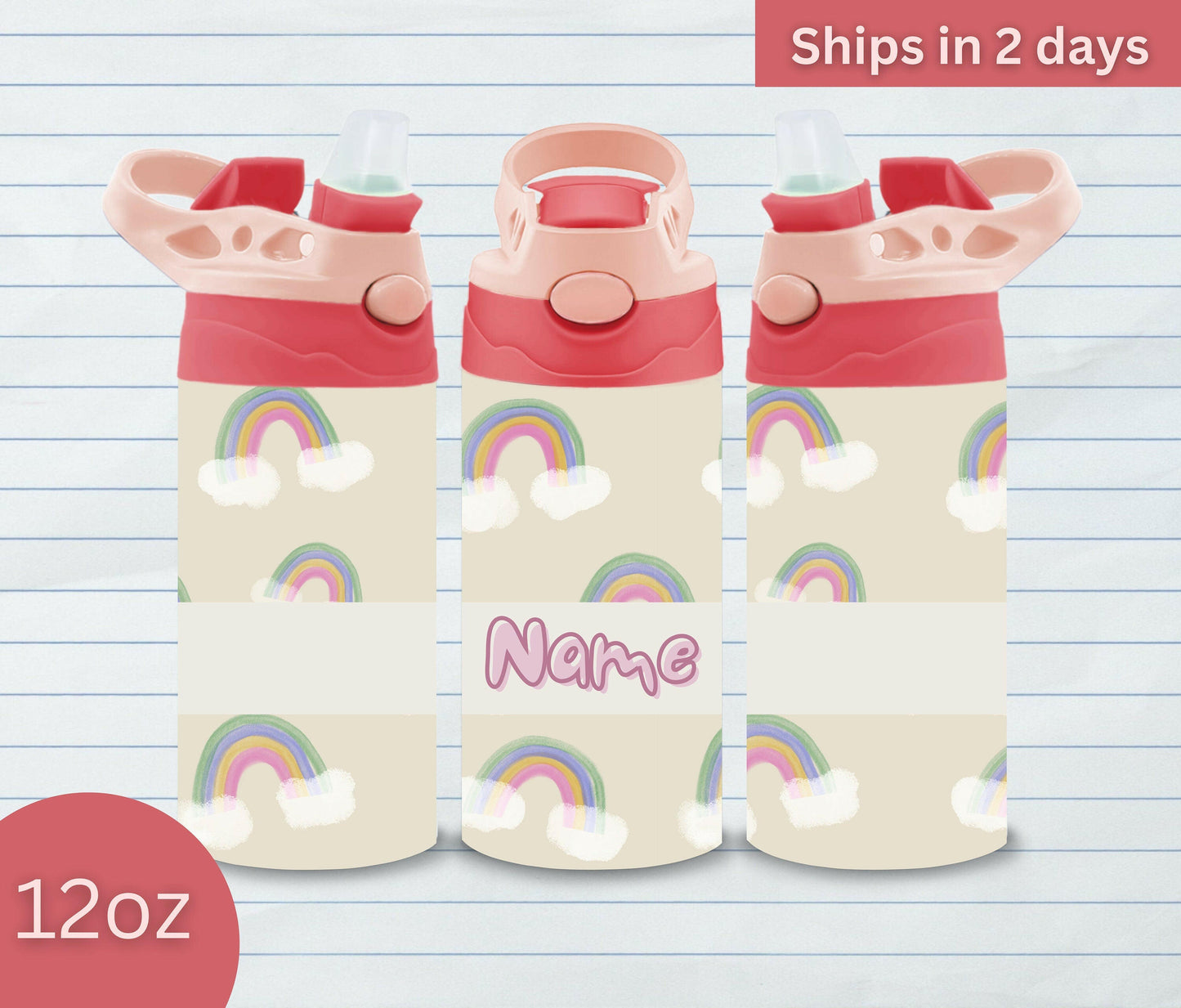 Kids Personalized 12oz Flip Top Straw Cup Rainbow Design with Name, Insulated Stainless Steel for School or Travel, Cotton Candy colors