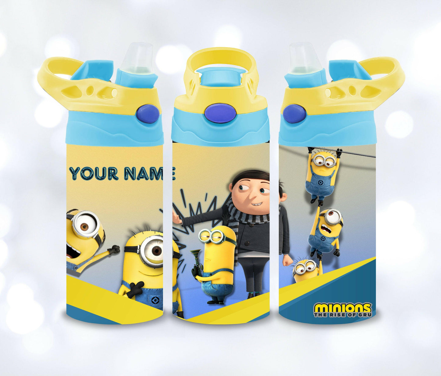 Kids Princess and Movies 12oz Water Bottle with NAME, Children's Designs Super Cute perfect Gift for Toddler Kids, Flip Top and BPA free