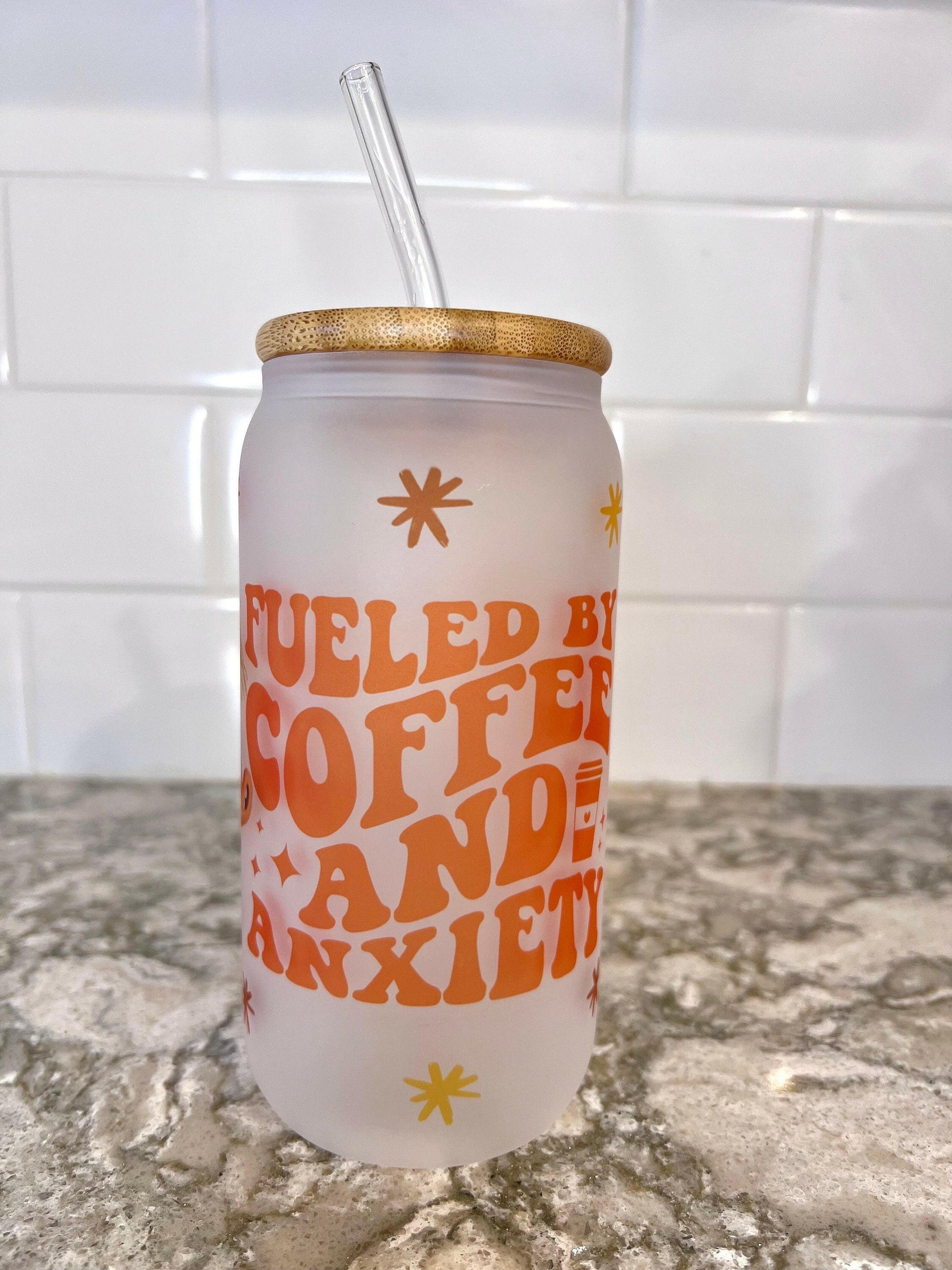 Inside Out Anxiety Glass Tumbler 16oz I’m fine Emotions, Groovy Emotional Support Coffee Cup Libey Gift Idea