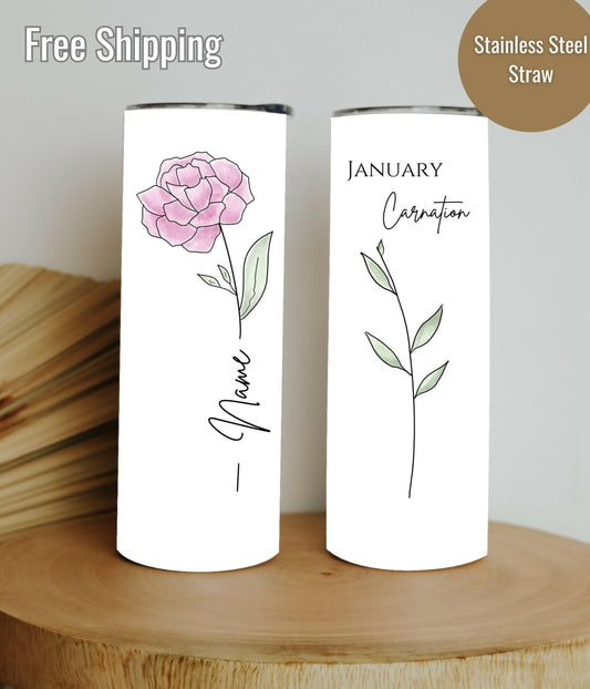 Personalized Birth Flower 20oz Skinny Tumbler with Name and Month Foral - Perfect Keepsake gift for her - Gift for Bridesmaid
