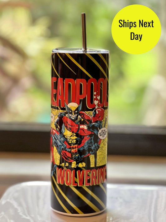 Marvel DeadPool and Wolverine 20oz Stainles Steel Skinny Tumbler, Insulated Superhero Personalized Travel Cup with Straw Gift for him
