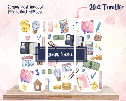 Personalized Accountant 20oz Stainless Steel Tumbler for Financial Advisor with Name, Planner Stockings Watercolor Design for Career Gift