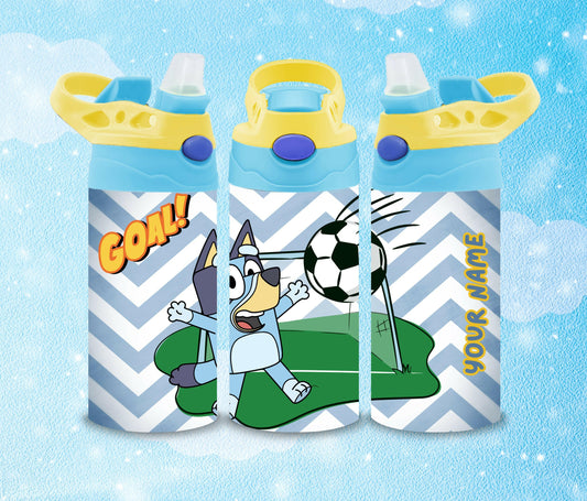 Kids Personalized Bluey Bingo Character 12oz Cup Design, Kids Soccer Theme Flip Top Tumbler, Kids Custom Thermal Travel Cup with Straw