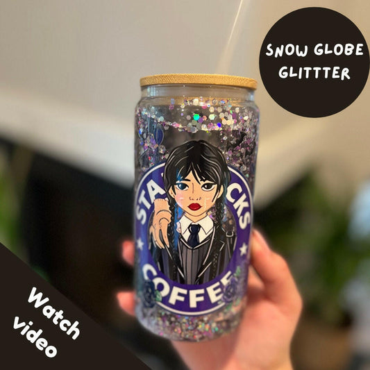 Wednesday Addams Glitter Glass Cup, 16oz Snow Globe Tumbler with Bamboo lid and Straw