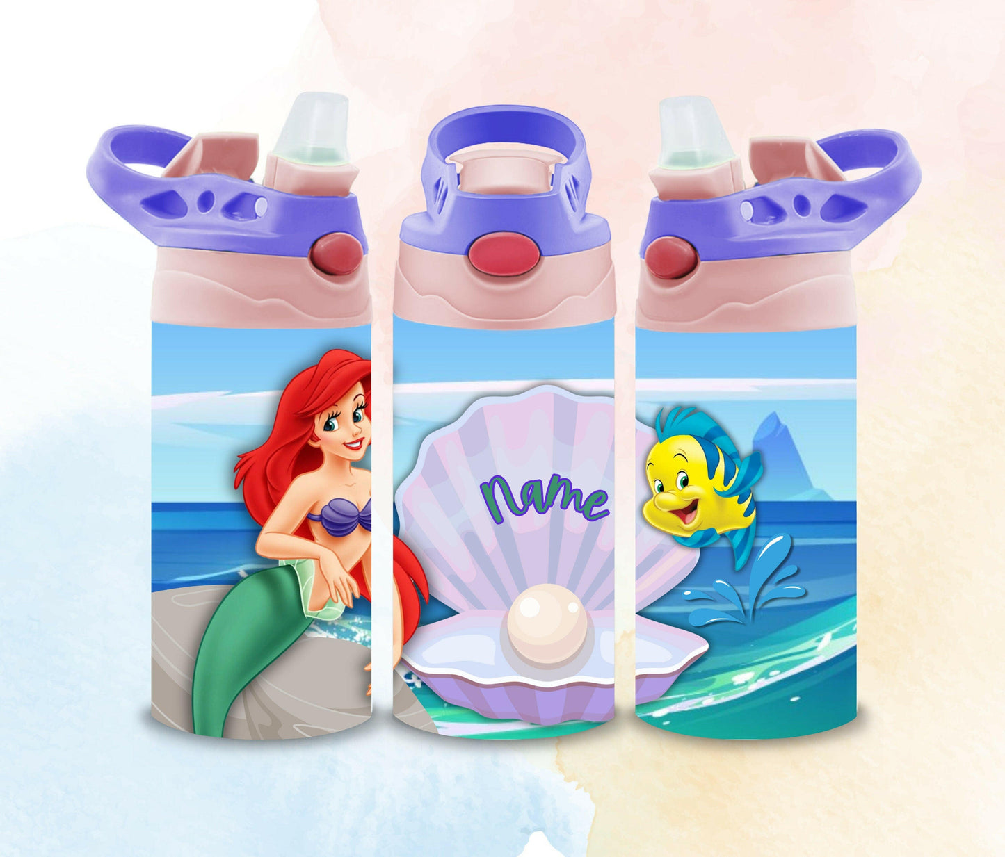 Kids Princess and Movies 12oz Water Bottle with NAME, Children's Designs Super Cute perfect Gift for Toddler Kids, Flip Top and BPA free