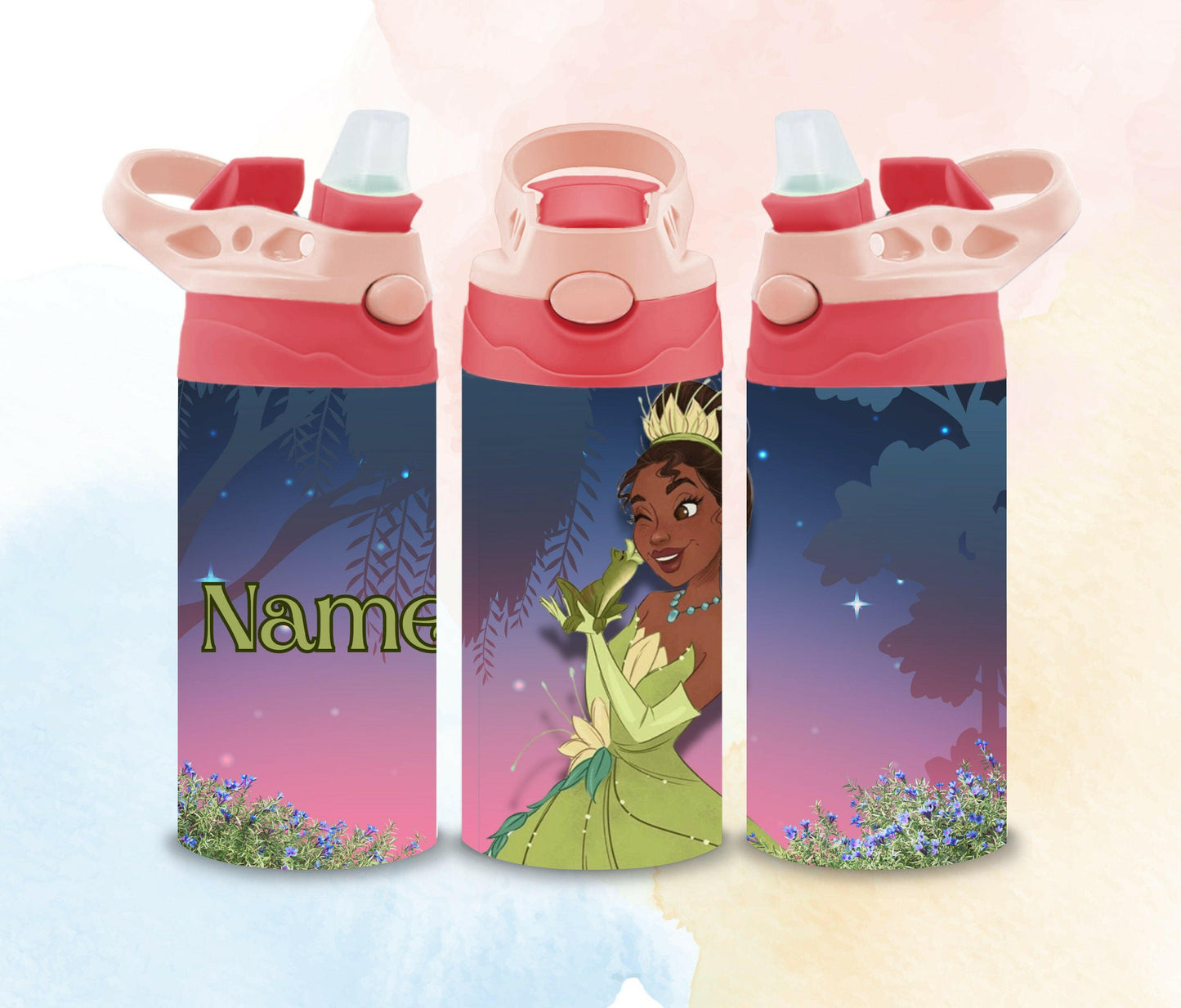 Kids Princess and Movies 12oz Water Bottle with NAME, Children's Designs Super Cute perfect Gift for Toddler Kids, Flip Top and BPA free